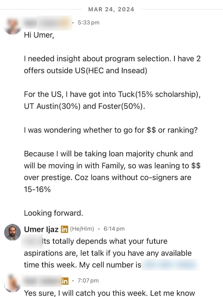LinkedIn conversation with a student (name hidden)