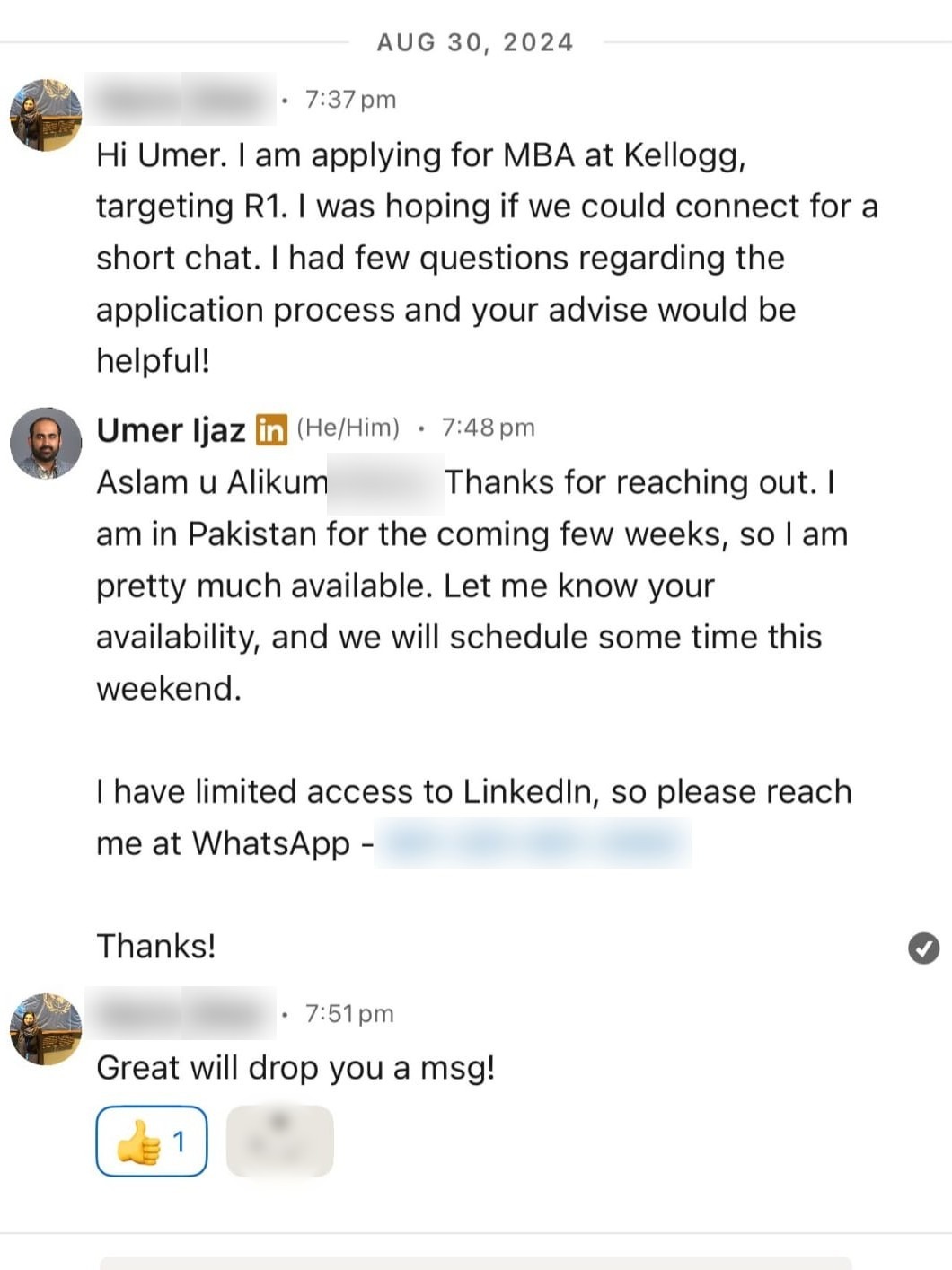 LinkedIn conversation with a student (name hidden)