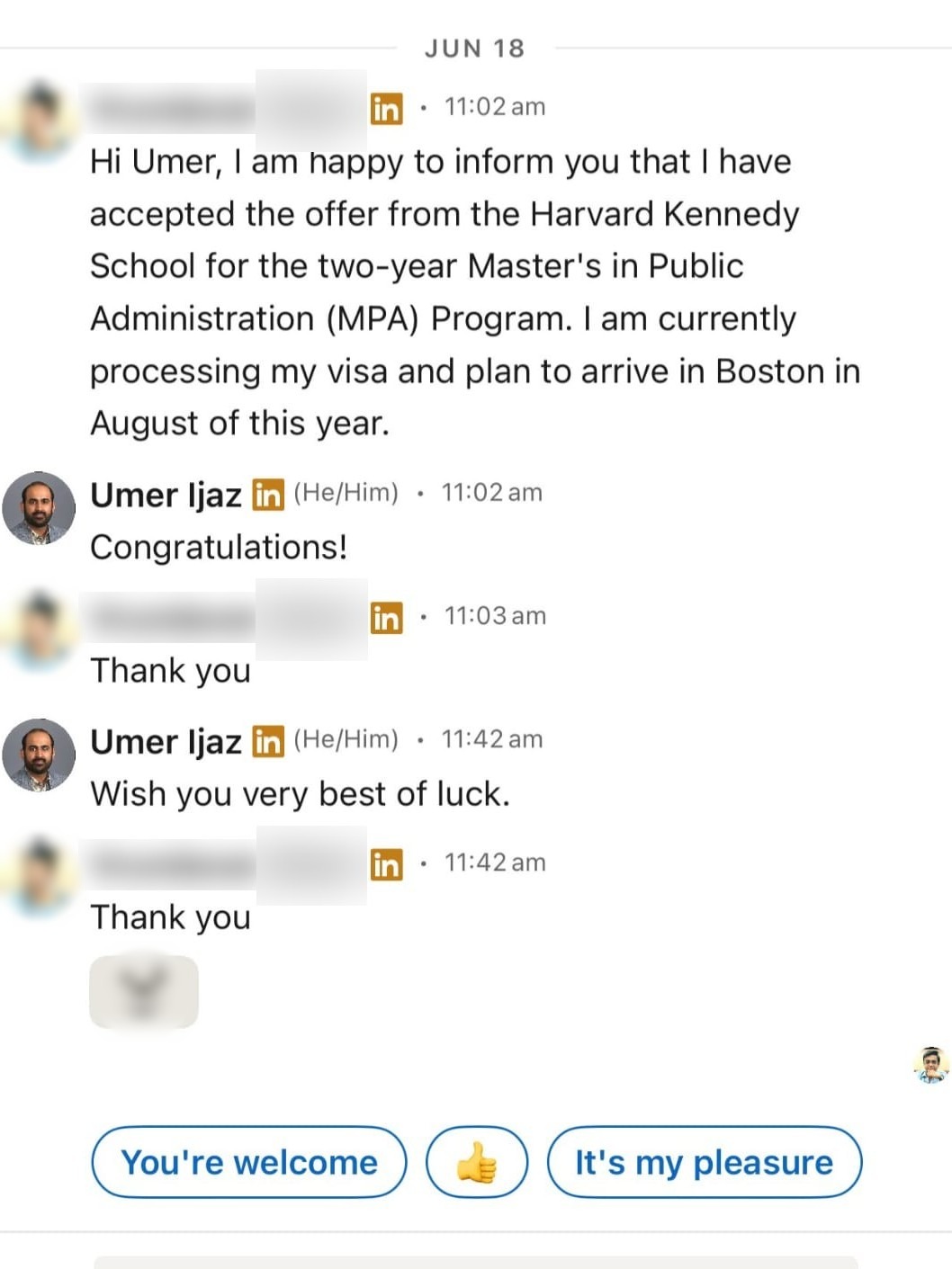 LinkedIn conversation with a student (name hidden)